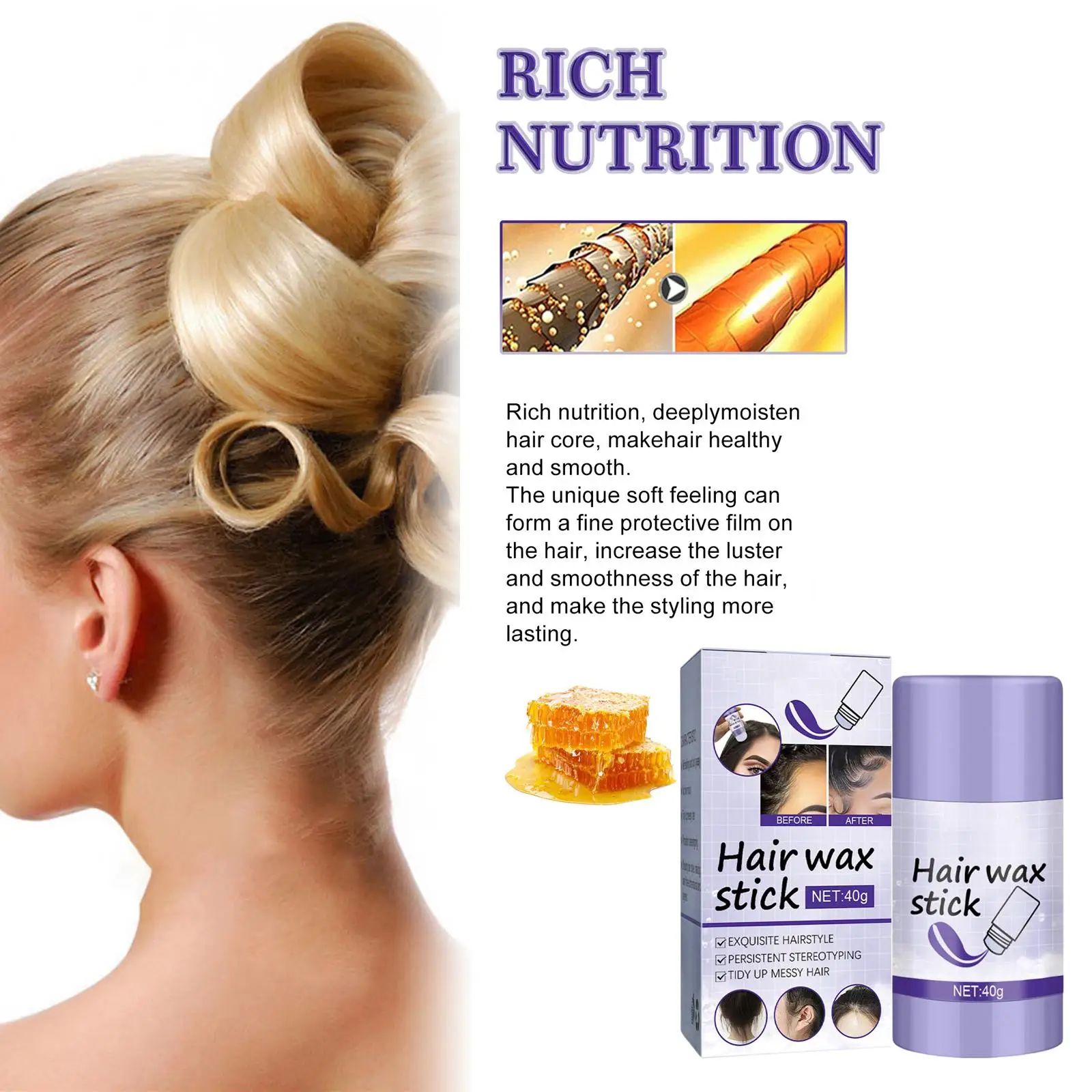 

Восковые палочки для волос делает волосы, аккуратные и аккуратные, сильная фиксация, разглаживающие края для женщин и девочек, 40 г, фиксированные воски для укладки