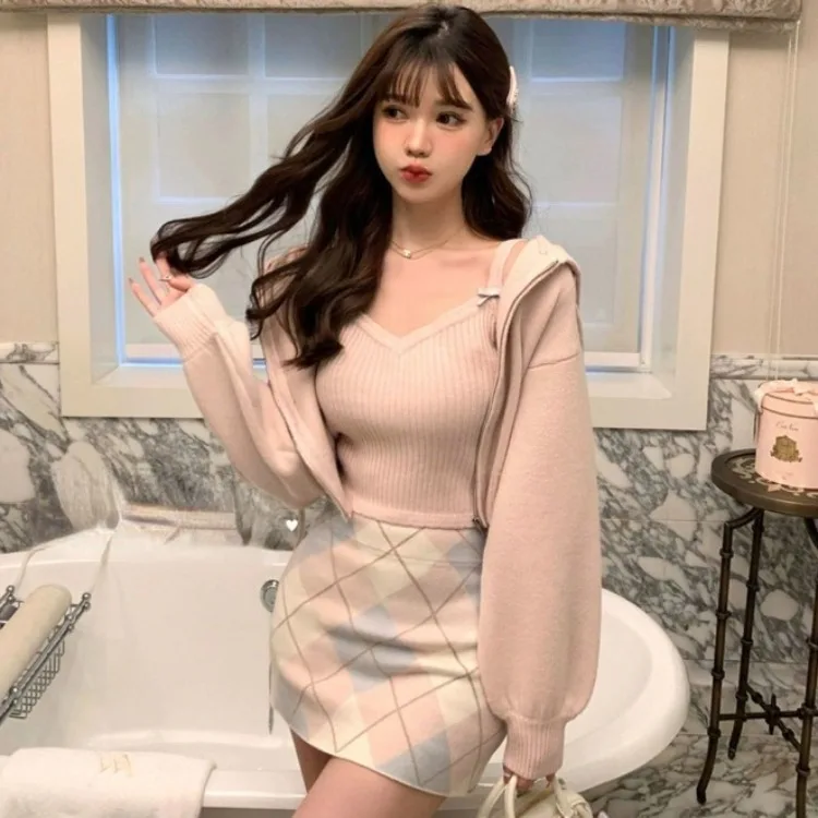 Winter Kawaii Knitted 3 Piece Set Women bow Sweet Elegant Skirt Suit Female Long Sleeve Coat + Pink Vest + Plaid Mini Skirt 2024