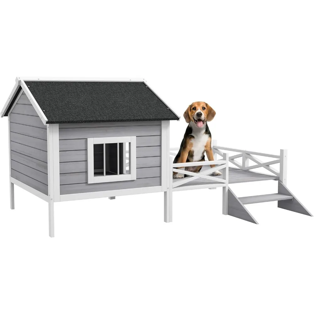 Outdoor Dog House with Porch, Wooden Dog Kennel with Water-Resistant Asphalt Roof, Ladders, Fencing,Window,for and Medium Dog