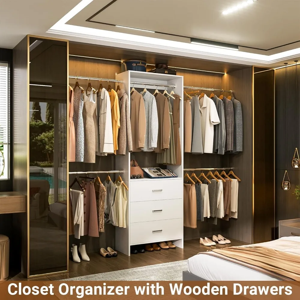 Closet Organizer with 3 Wooden Drawers, Closet Organizer System, Walk-in Closet Wardrobe Clothes Rack with