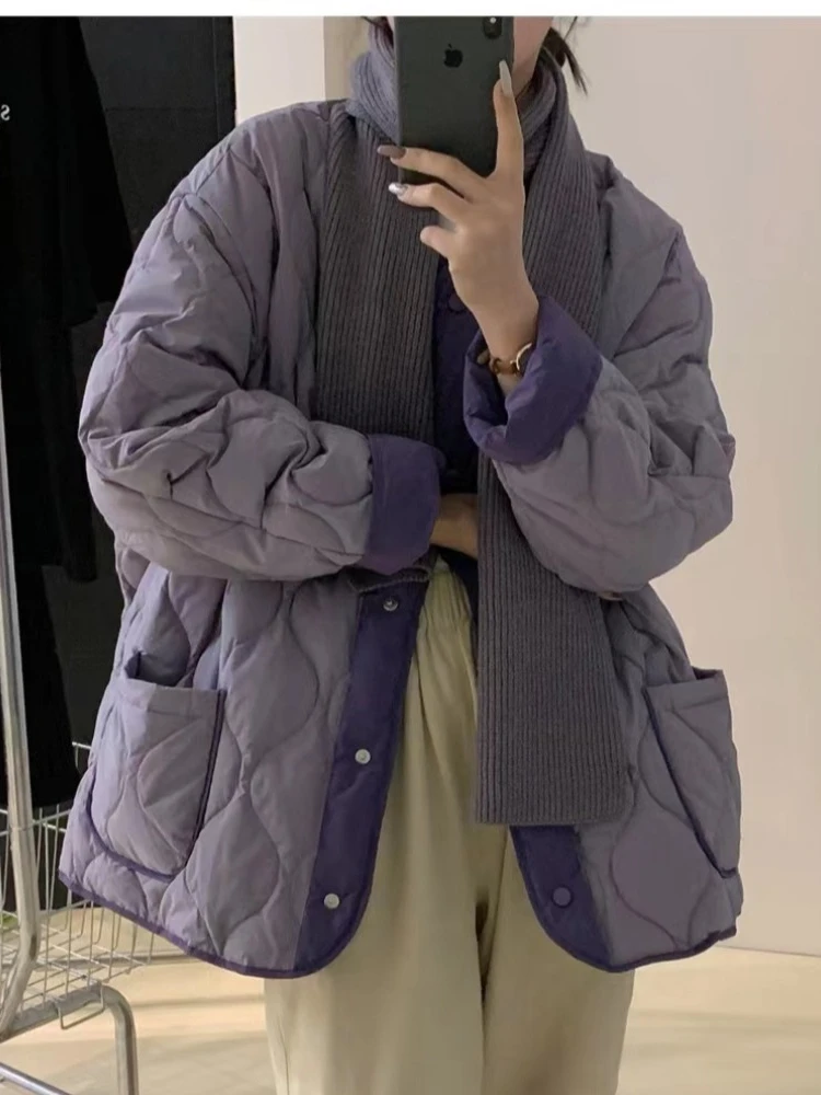 معطف نسائي فضفاض من القطن الدافئ بنمط الماس من Thiened النسخة الكورية برقبة دائرية وسترة قطنية مبطنة خفيفة الوزن #5