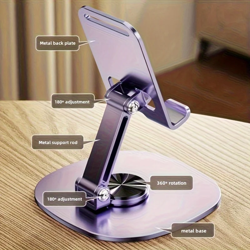 

Foldable Metal Phone Stand - 360° Rotating Compact Holder for Smartphones, Tablets, Office & Travel Accessory