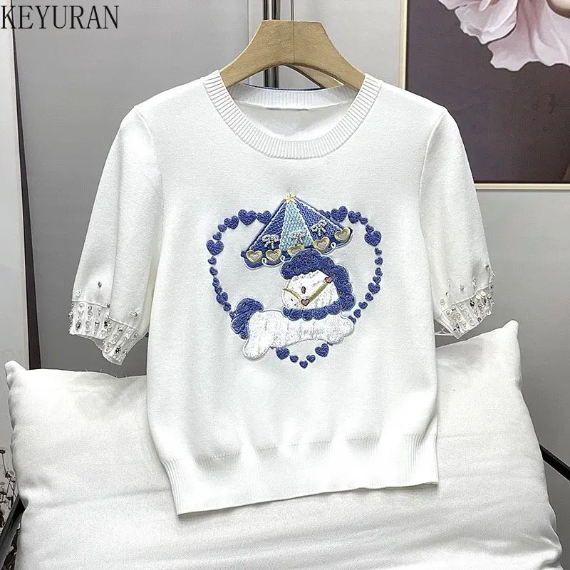 2023 Summer New Beading Embroidery Puff Short Sleeve Sweater Women Knitted T-Shirt Slim Fit Short Pullover Knitwear Tops Jumpers