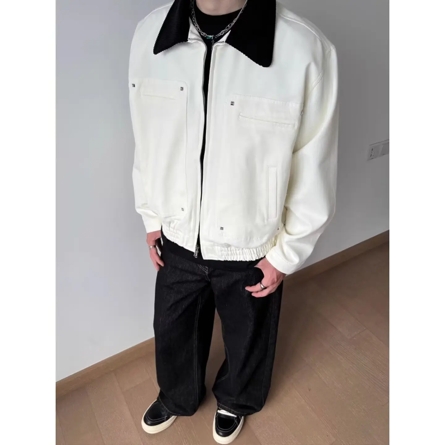 

Detroit Contrast Color Collar Workwear Jaet Loose ex Canvas Outerwear Fall 2025 New Sle Couple's Open Cardigan