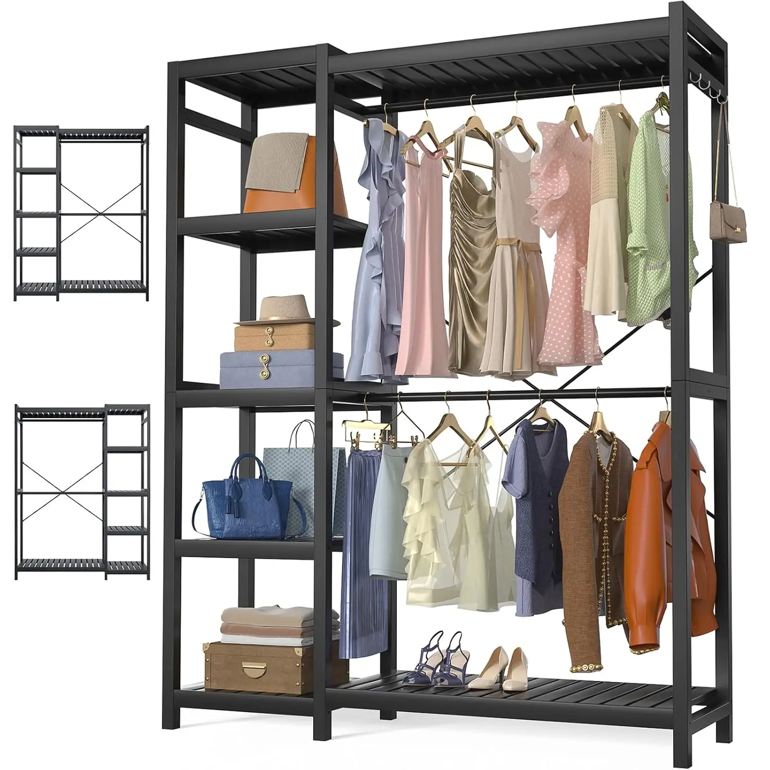 Bamboo Clothes Rack Heavy Duty 7-Tier Adjustable Shelves Double Rod 4 Hooks Freestanding Closet Organizer Wardrobe, Customized