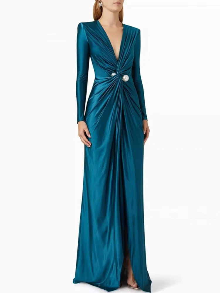 2024 New Female Tied Waist Deep V-Neck Pleated Prom Banquet Dress Spring Long Sleeves Elegant Party Evening Maxi Dresses