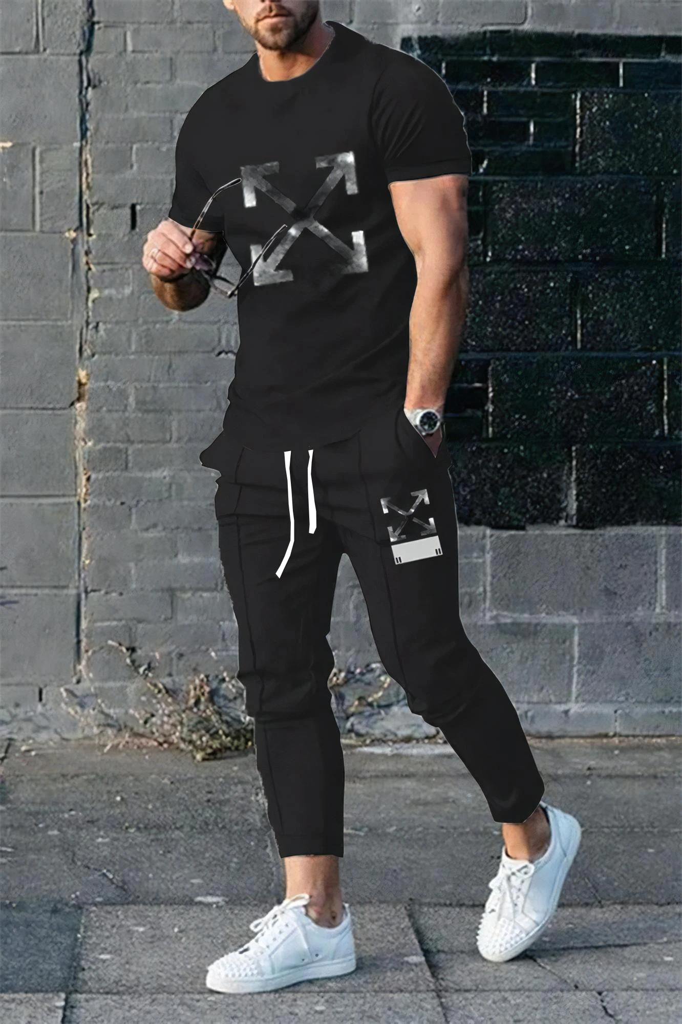 

Мужской комплект из 2 предметов, футболка с коротким рукавом и круглым вырезом, спортивные штаны, костюмы, мужской модный спортивный костюм, футболка Y2K, спортивные брюки, мужская верхняя одежда