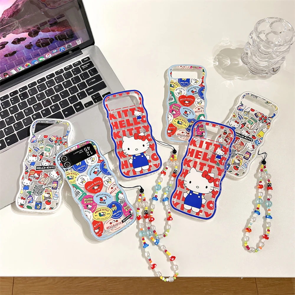 Etui na telefon Kawaii Hello Kitty ze smyczą do Samsung Galaxy Z Flip 3 4 Z Flip 5 6 5G PC Hard Anti-drop Wave Cover Y2k Girl