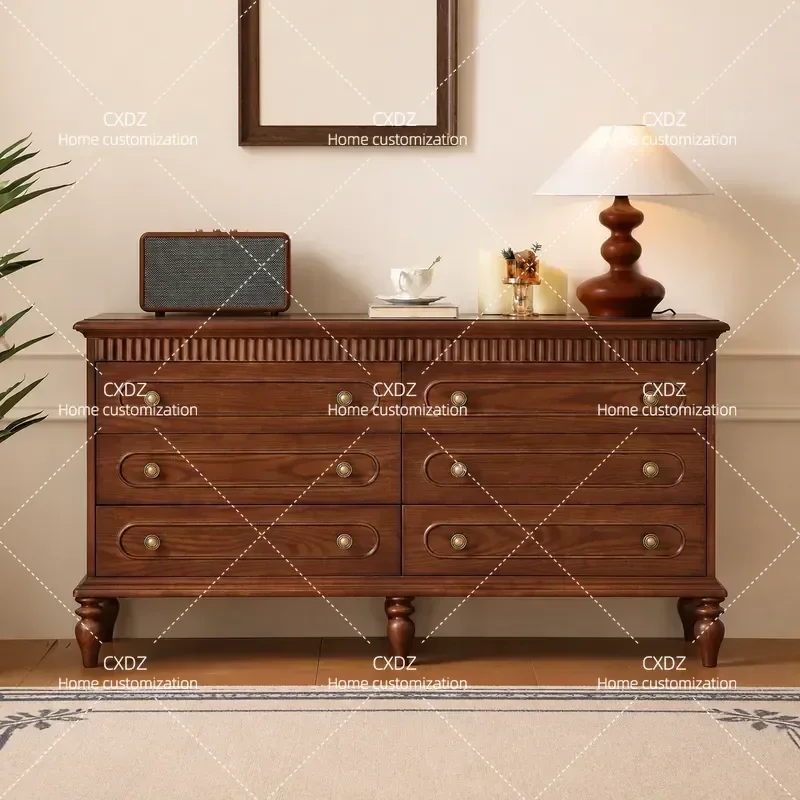 French Solid Wood Retro Six Drawer Chest Bedroom Storage Cabinet Light Luxury Integrated Dresser Bedside Nightstand Living
