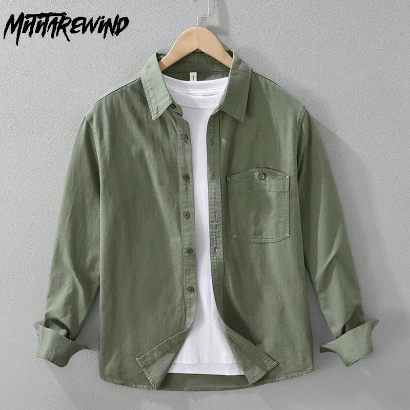 

Мужские рубашки в корейском стиле, весна-осень, новые мужские рубашки с длинным рукавом, удобная зеленая рубашка из чистого хлопка с лацканами и карманом, новинка 2023 г.