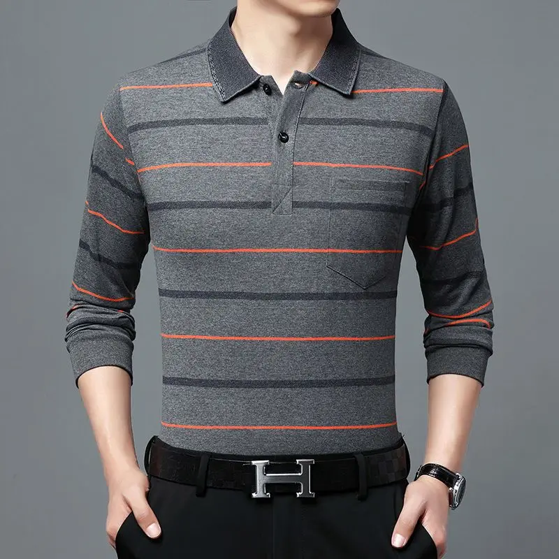 Fashion Men New Business Striped Polo Shirts Korean Spring Autumn Casual Long Sleeve Lapel Pockets Male Clothes Cotton Tops 2023