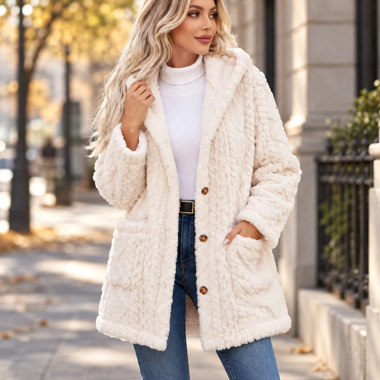 Loose Fit Thick Coat Mid Long Length Commuter Chic with Hooded Collar Urban Long Sleeve Wrinkle Finish Autumn Pocket Women Coat