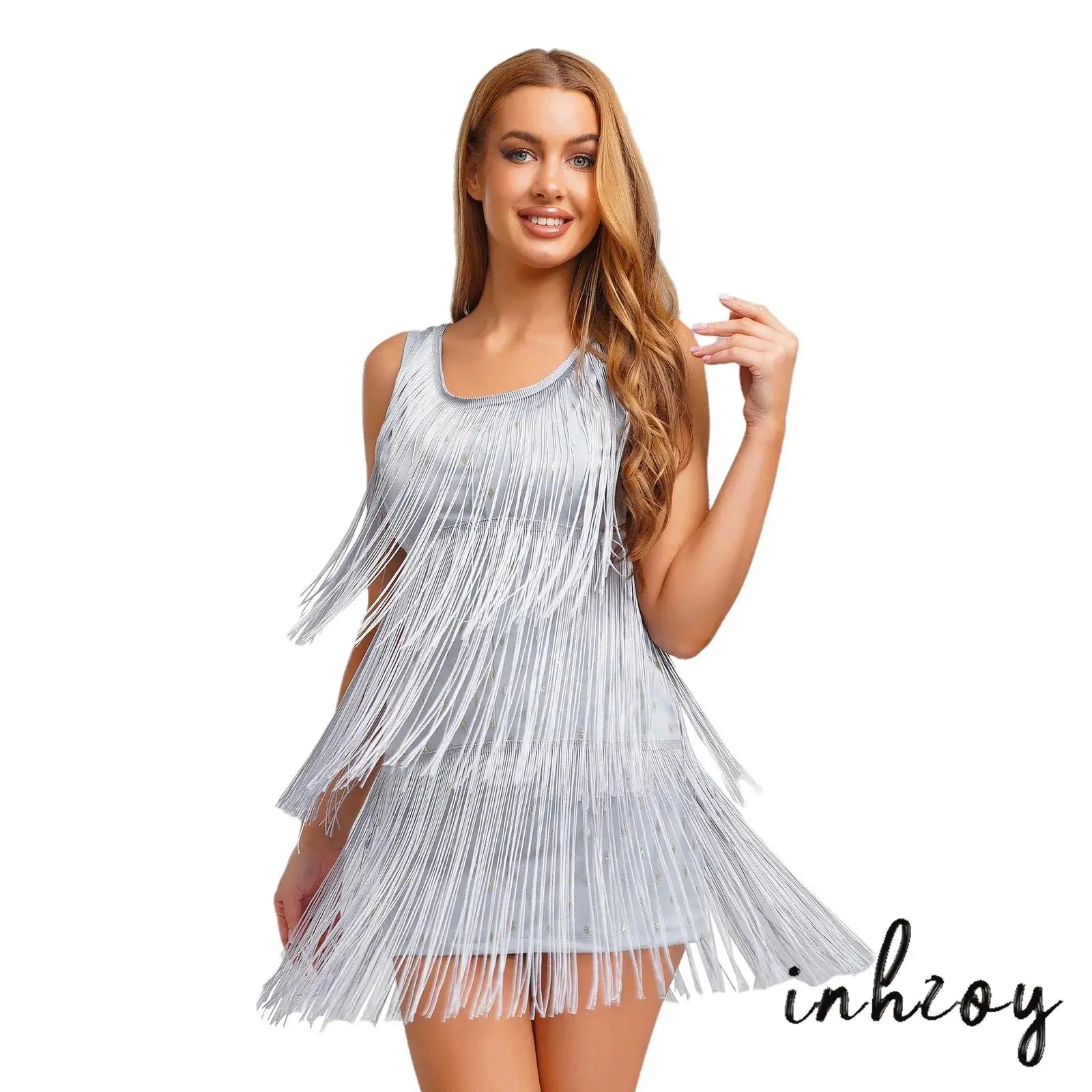 

Summer Womens Charming Tassel Dress V Neck Sleeveless A-line Shiny Dress Tube Swing Mini Dress for Birthday Party Festival Raves