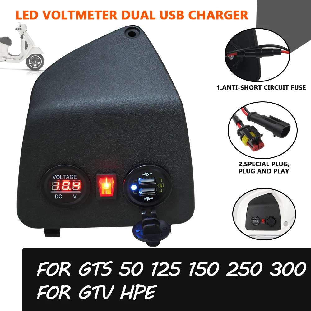For Vespa GTS 125 250 300 GTS300 Accessories Scooter Mobile Phone Dual USB Charger Voltmeter Voltage Display Cigarette Lighter