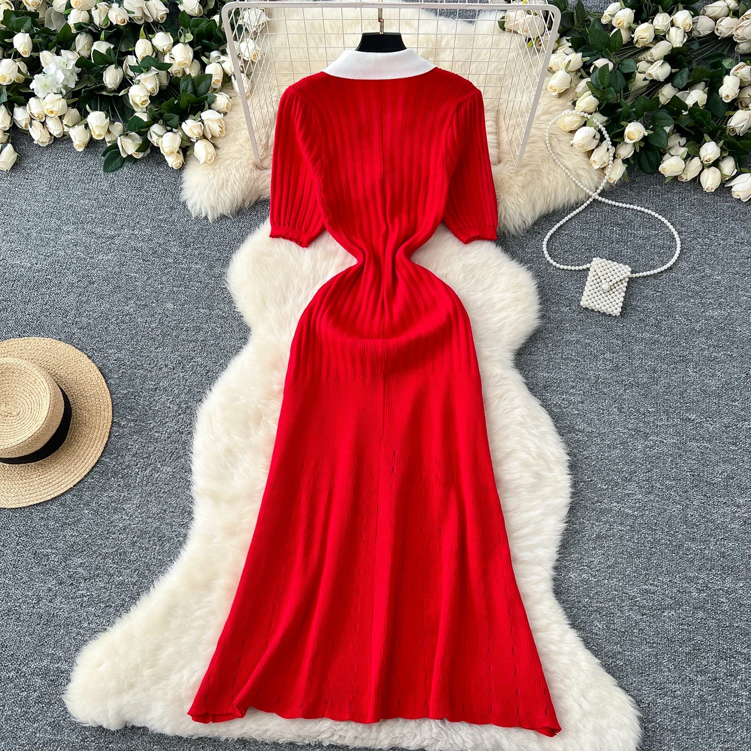 Elegant Turn-down Collar Vintage Long Sleeves Chic Patchwork Single Breasted Slim Knit Dress French Evening High Street Clothing