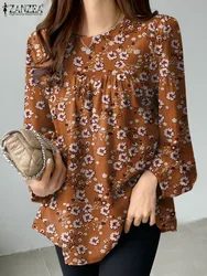 ZANZEA Woman Casual Floral Printed Blouse Puff Sleeve O-Neck Shirt Female Fashion Holiday Tops Autumn Vintage Buttons Chemise