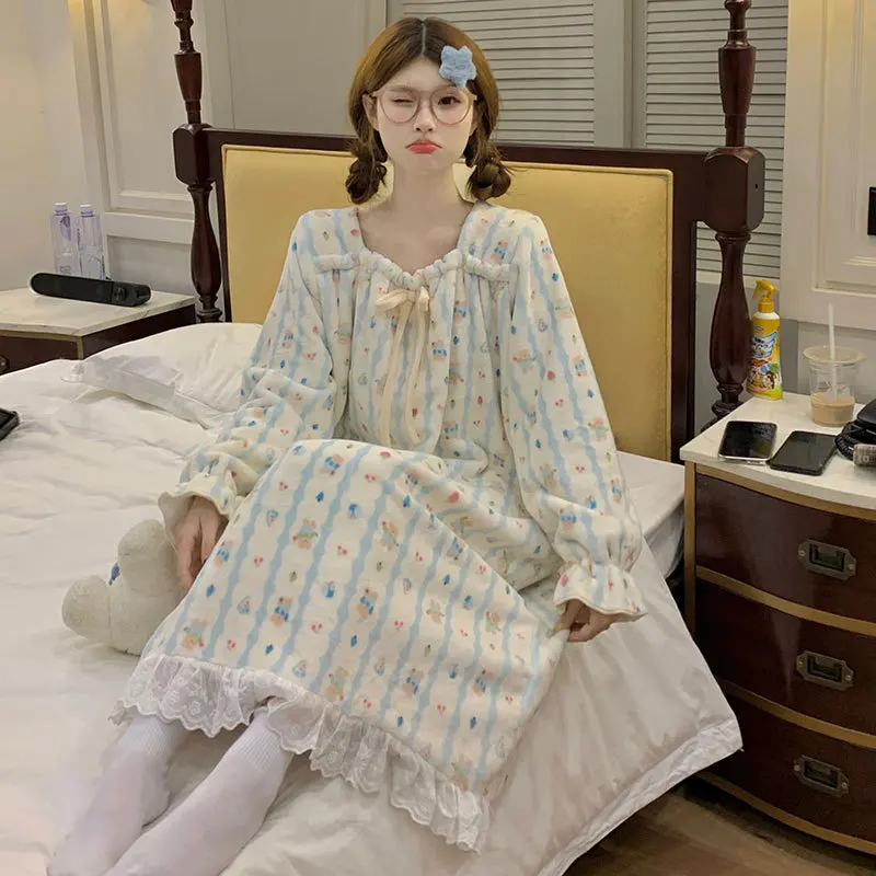 

Женская утепленная ночная рубашка из кораллового флиса с принтом, фланелевая домашняя одежда, длинная ночная рубашка для девочек, осенне-зимняя одежда для сна, домашняя одежда
