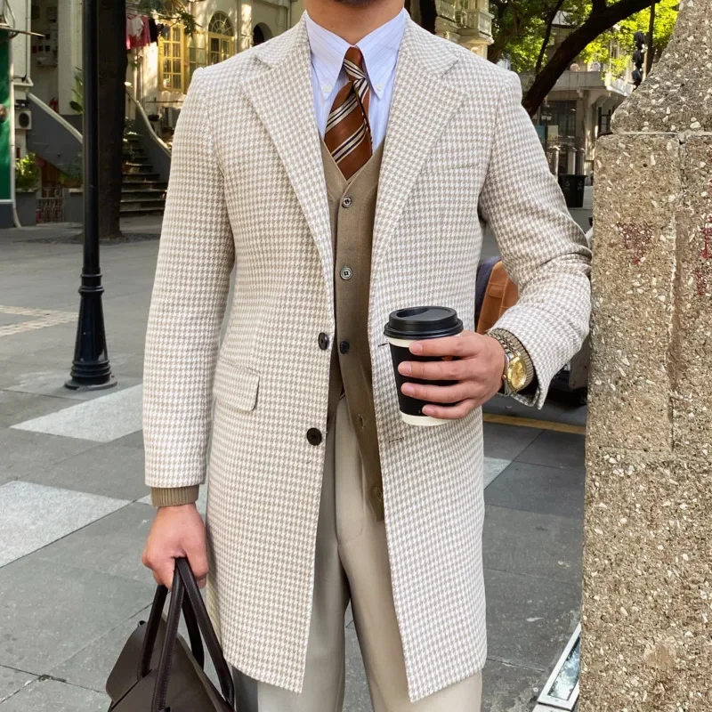 

British Retro Houndstooth Coat Men Long Warm Jacket Fall Winter Mens Woolen Coat Top Quality Abrigo Largo Hombre Mantel Wolle