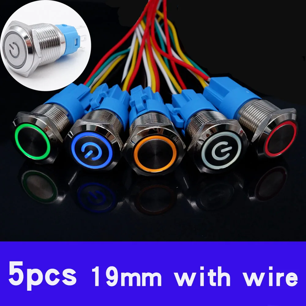 

5pcs19mm Metal Flat Head Button Switch Car Start LED Lights With Socket Momentary Self Reset/Lock 12V 24v Red Green Yellow Blue