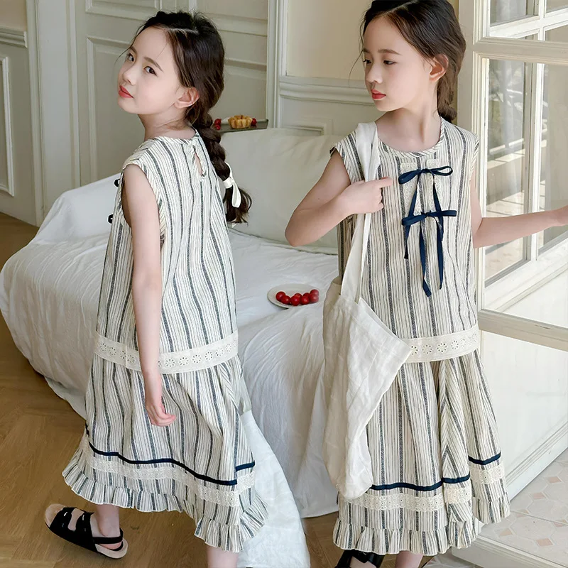 

Girls Two-piece Set 2024 New Summer Childrens Wear Korean Style Fashion Stripes Sleeveless Vest Skirt Two-piece Set Casual