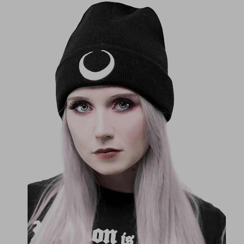 Gothic Dark Punk schwarz Strick mützen Hüte Harajuku Grunge Mond Grafik druck Herbst Frau Mütze Mützen wärmer Mütze Frauen Mütze