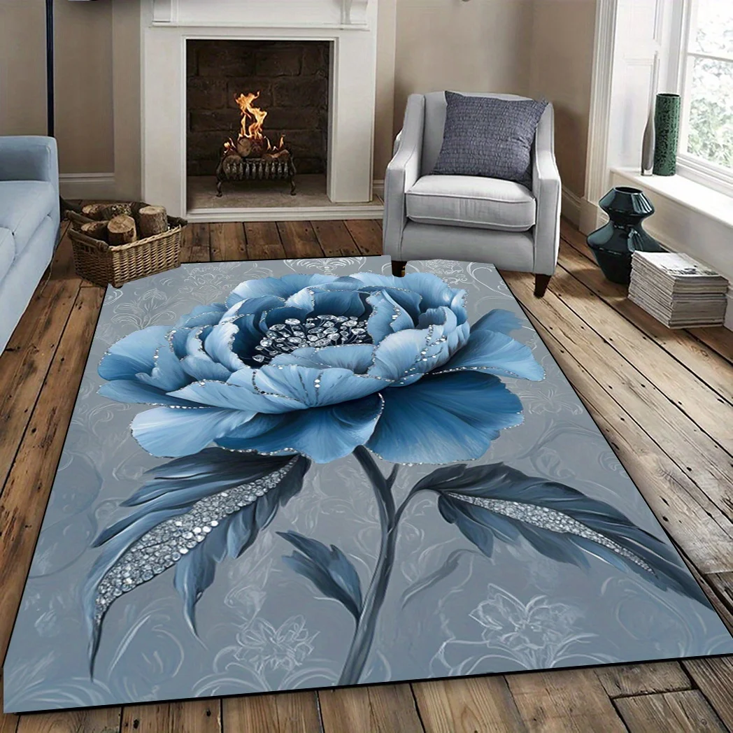 

1 piece of blue peony flower carpet, non-slip, crystal velvet fabric, suitable for living room, bedroom, dormitory, camping