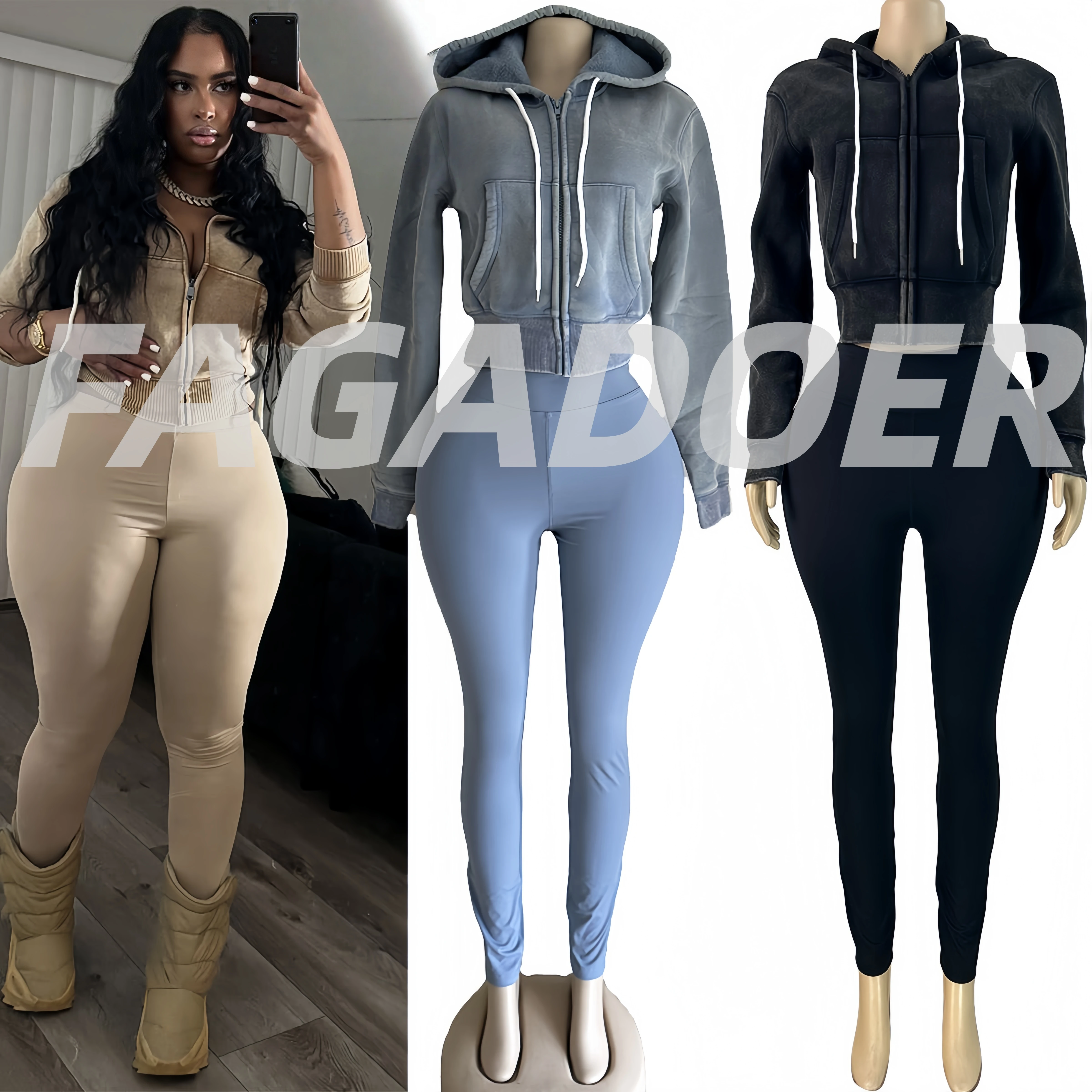FAGADOER Autumn New High Quality Washed Hooded Two Piece Sets Women Zipper Long Sleeve Slim Crop Top And Skinny Pants Outfits