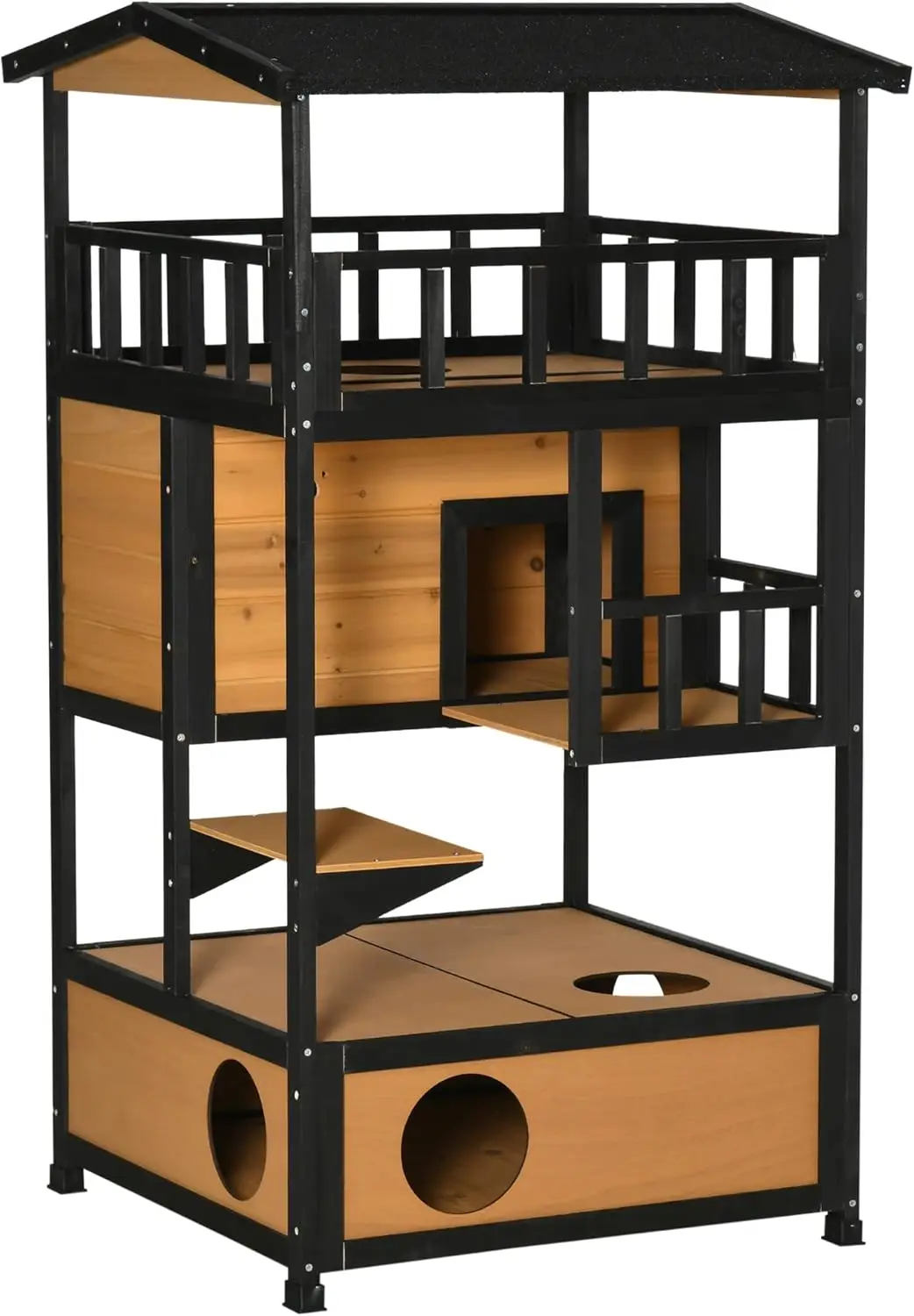 PawHut Wooden Outdoor Cat House, Feral Cat Shelter Kitten Condo with Asphalt Roof, Escape Doors, Condo, Jumping Platform