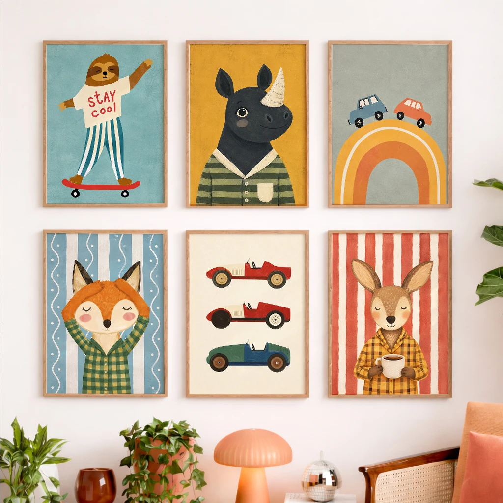 Set of 6 Cute Nursery Canvas Poster Sloth Rhino Rainbow Car Fox Deer Coffee Cup Whimsical Animal Kids Wall Art Decor Wall Art