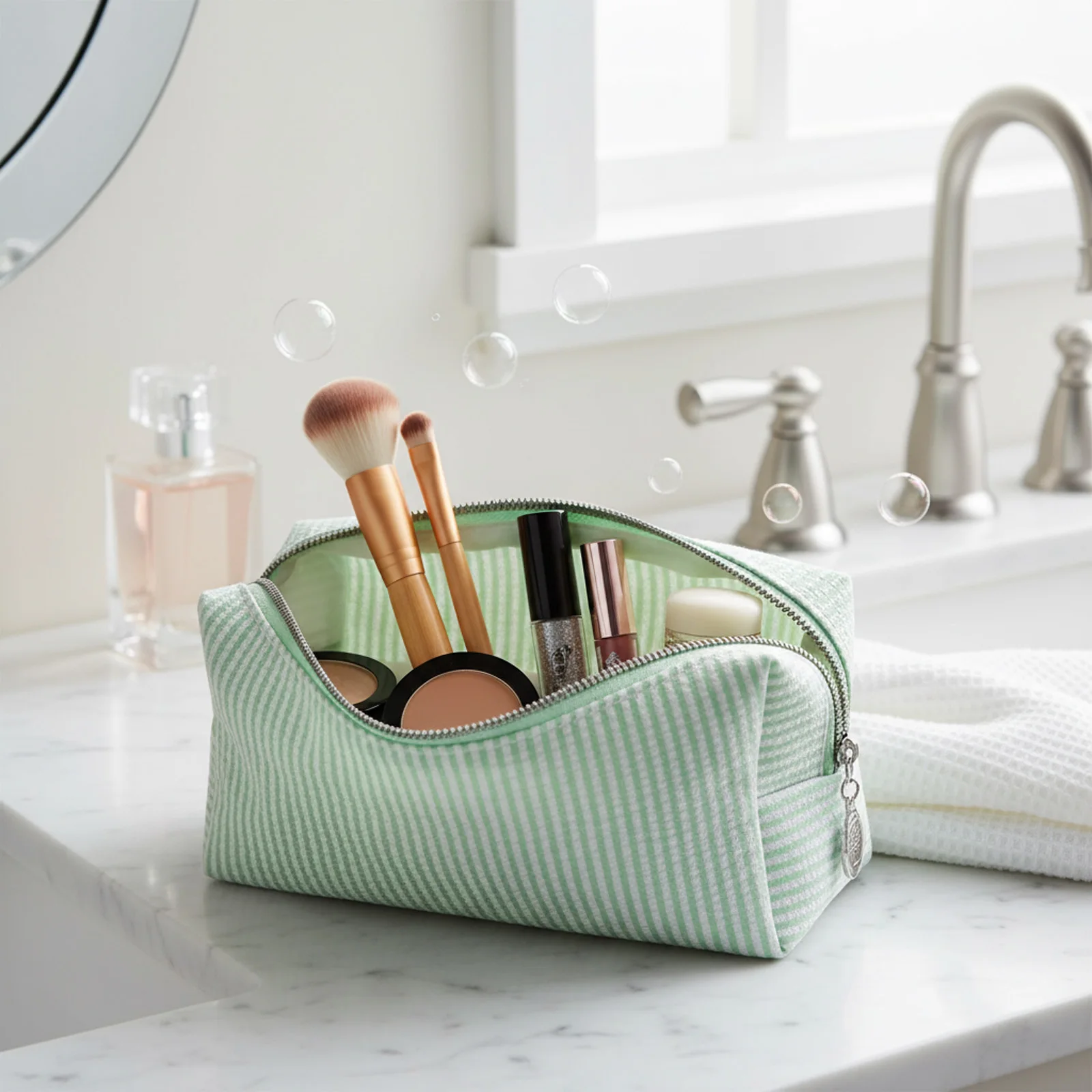 1 قطعة حقيبة مستحضرات التجميل المخططة الحد الأدنى سعة كبيرة أدوات ماكياج السفر الحقيبة مع سحاب النساء الفتيات منظم أدوات الزينة