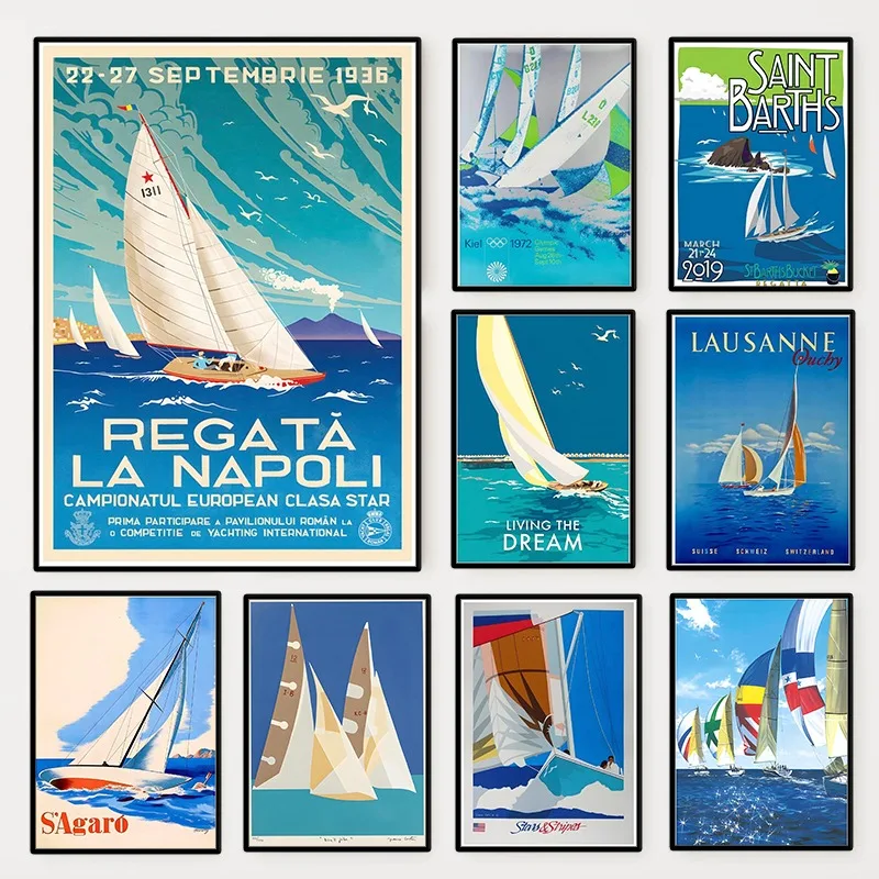 Vintage Sailing Regatta Poster Stars Stripes Sailing Yacht Nautical Canvas Painting Wall Art Picture for Living Room Home Decor