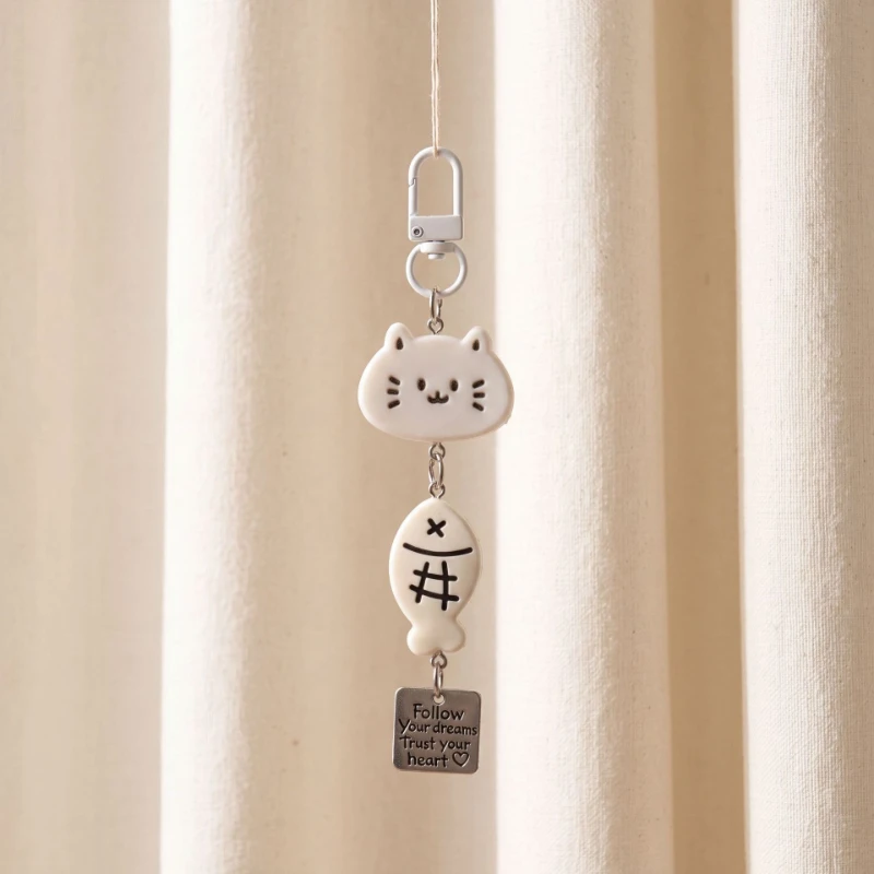 Minimalist Milky‑White Cat and Fish Shaped Key Chains, Elegant Literary Text Tag Key Ring, Suitable for Bag Charms Gifts