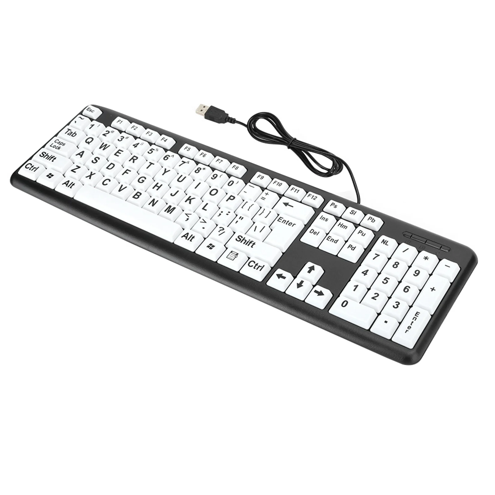 Black Low  Keyboard USB Wired Old People Keyboard with White Large Print Keys US Layout QWERTY Large Print Keyboard