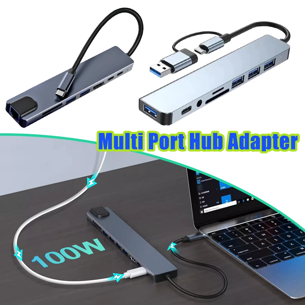 Hub USB C Multipuerto 8 en 1, Estación de Acoplamiento con Puerto Ethernet para MacBook Pro, Laptop, Smartphone, Adaptador de Hub USB C Multipuerto