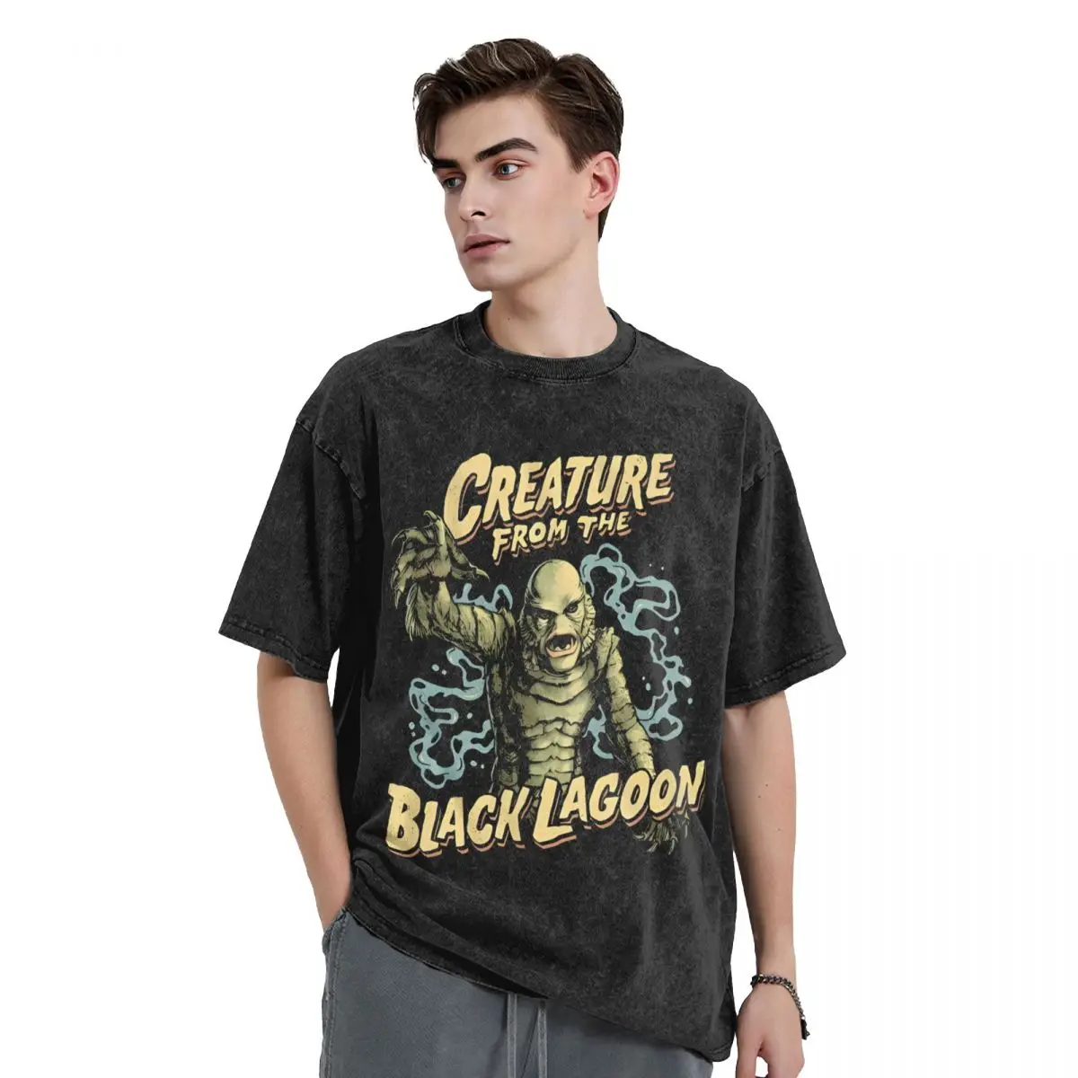 Universal Monsters Black Lagoon Creature woman Men Washed Hot stamping Print T-Shirt, Cotton Tshirt Summer Short Sleeve Tees