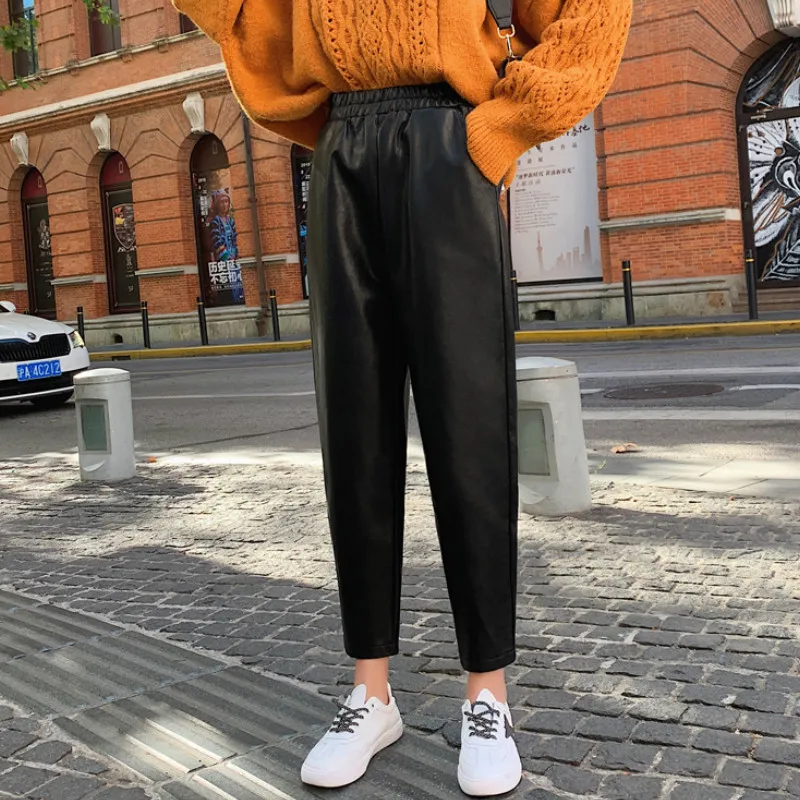 

Spring Autumn Plus Size Long Pant Vintage PU Leather Harem Pants Women Black Faux Leather Elastic Waist Streetwear Chic Trousers