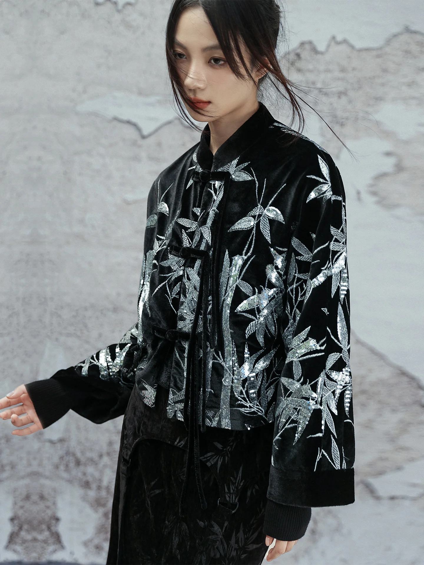 

Новый китайский Sle Bamboo Le Velvet ort Jaet, женский осенний уникальный свободный топ с пайетками Dà Qing Long Sì Верхняя одежда