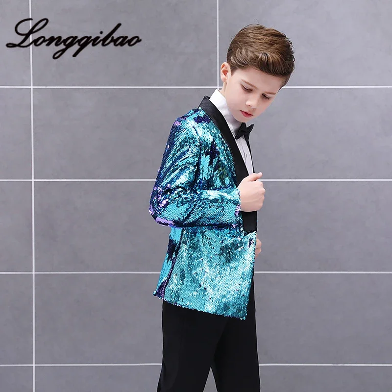 Baby boy set children\'s piano costumes studio model catwalk host fashion sequined suit jacket + pants + shirt + bow tie 4 sets