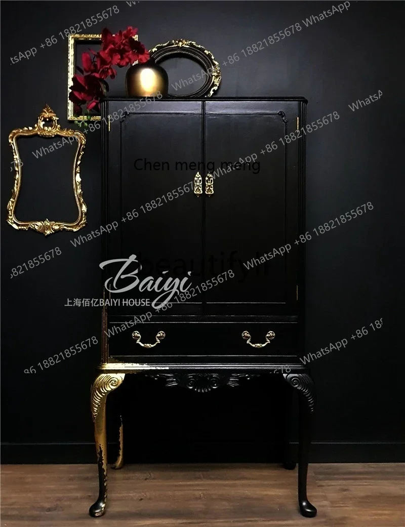 

G French retro solid wood carved wine cabinet living room storage display cabinet neoclassical dining side cabinet