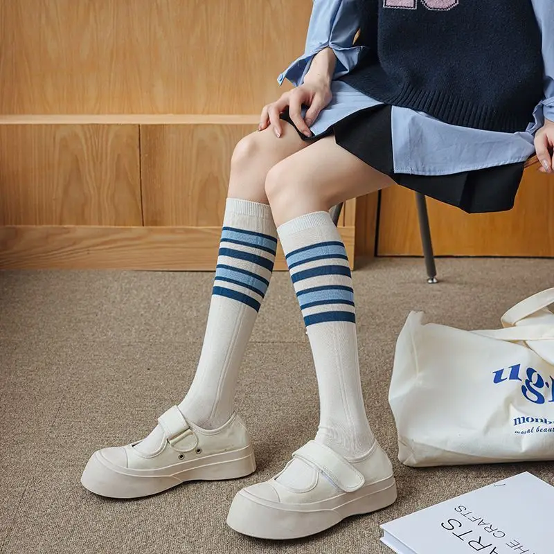 2 Pairs Calf Socks For Women Spring And Summer Thin Blue Striped Long Tube Jk Trend Sweat Absorption Anti-friction Casual