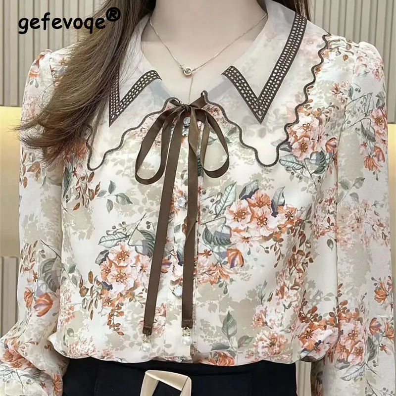 Vintage Floral Print Mesh Embroidery Lace Up Elegant Chic Ladies Tops Spring Summer Fashion Sweet Slim Blouse Shirt Women Blusas