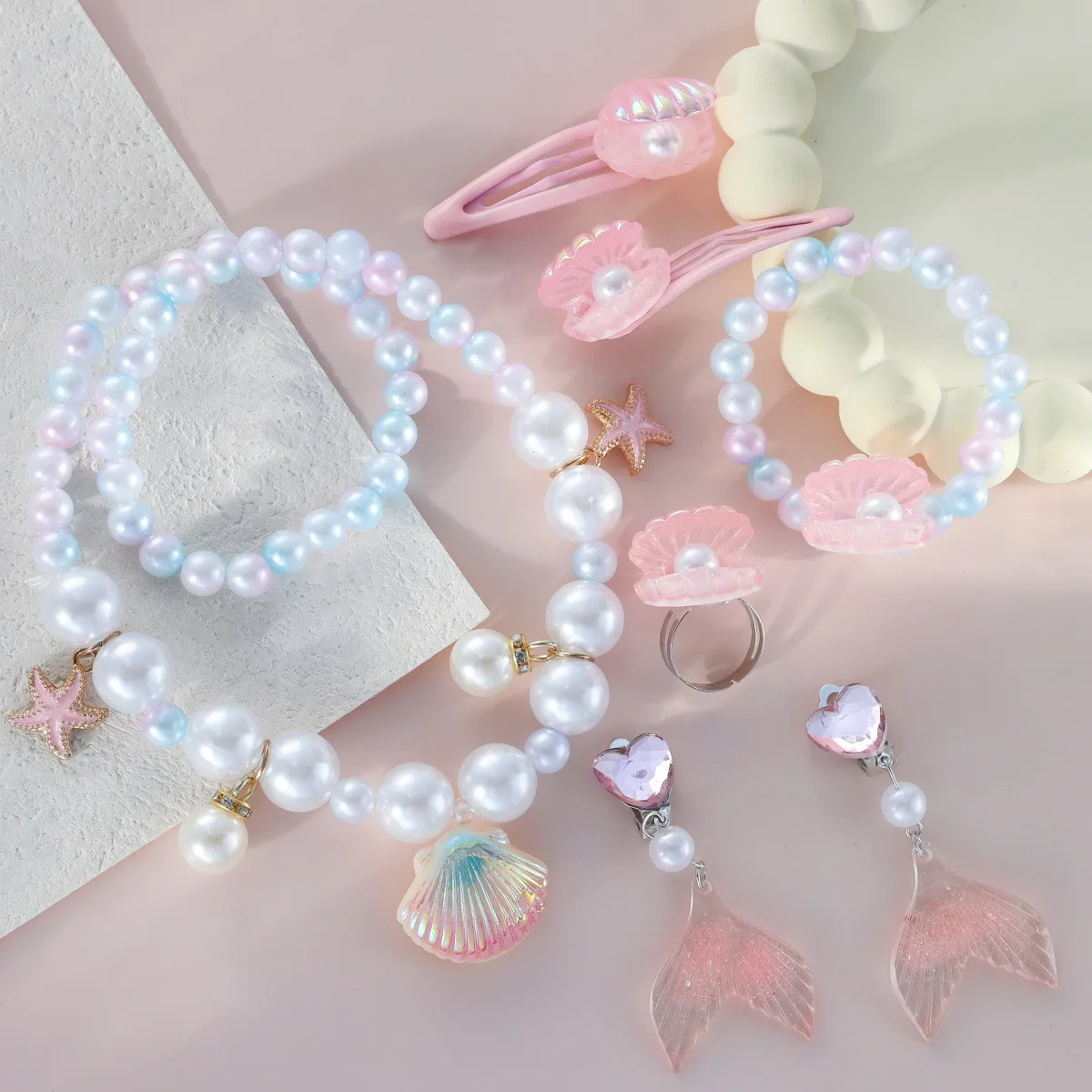 5 قطع طفل حورية البحر مجموعة للفتيات تقليد اللؤلؤ شل الأميرة اكسسوارات لطيف قلادة أقراط حلقة سوار مشبك شعر هدية