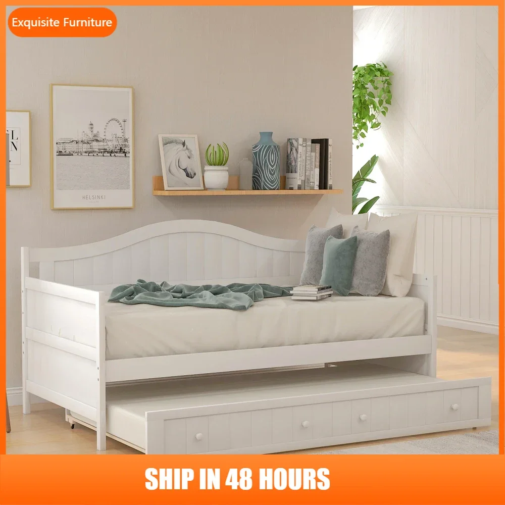 

Twin Wooden Daybed with Trundle Bed, Sofa Bed for Bedroom Living Room,White