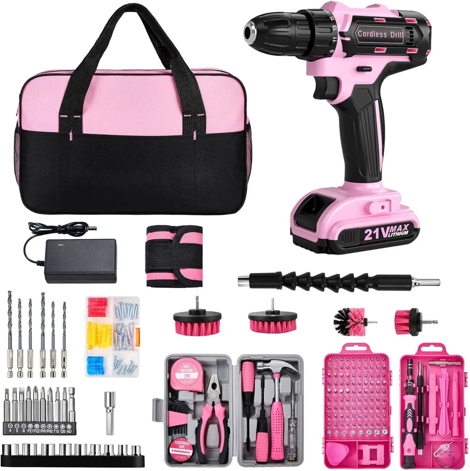 

21V Cordless Drill Set with 220 Pcs Tool Kit, Storage Bag, and Magnetic Belt for DIY Projects