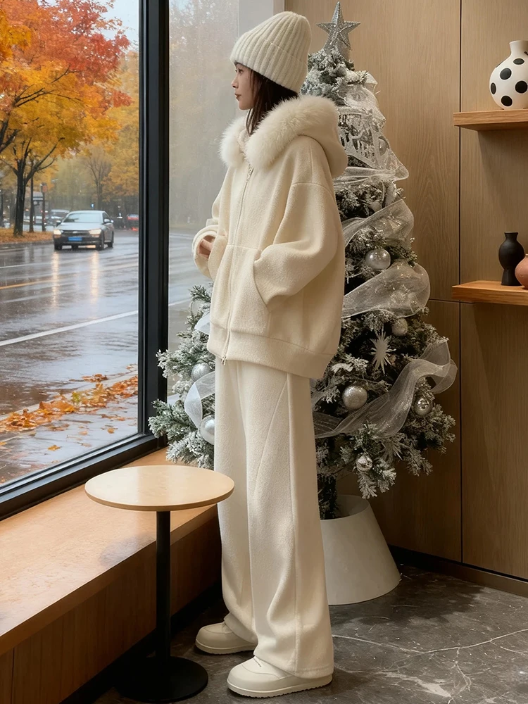 Modny, wyszczuplający damski komplet z dużym futrzanym kołnierzem, casualowy modny sweter, kurtka, szerokie nogawki, dwuczęściowy zestaw zimowy.