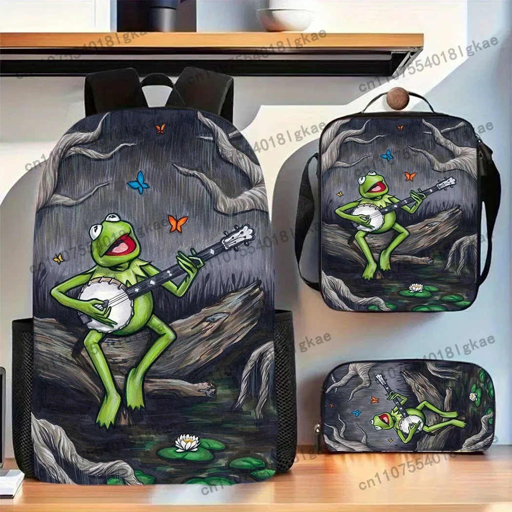 3pcs Kermit the Frog Themed Backpack with Lunch Box & Pencil Case - Large Capacity School Bag Suitable for &,  Travel Backpack w