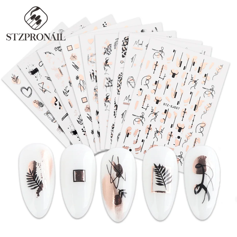 

9pcs Rose Gold Nail Stickers Set 3D Women Face Lines Geometry Leaf Sliders Gel Polish Nail Designs Manicure Decorations SLSTZ-SJ