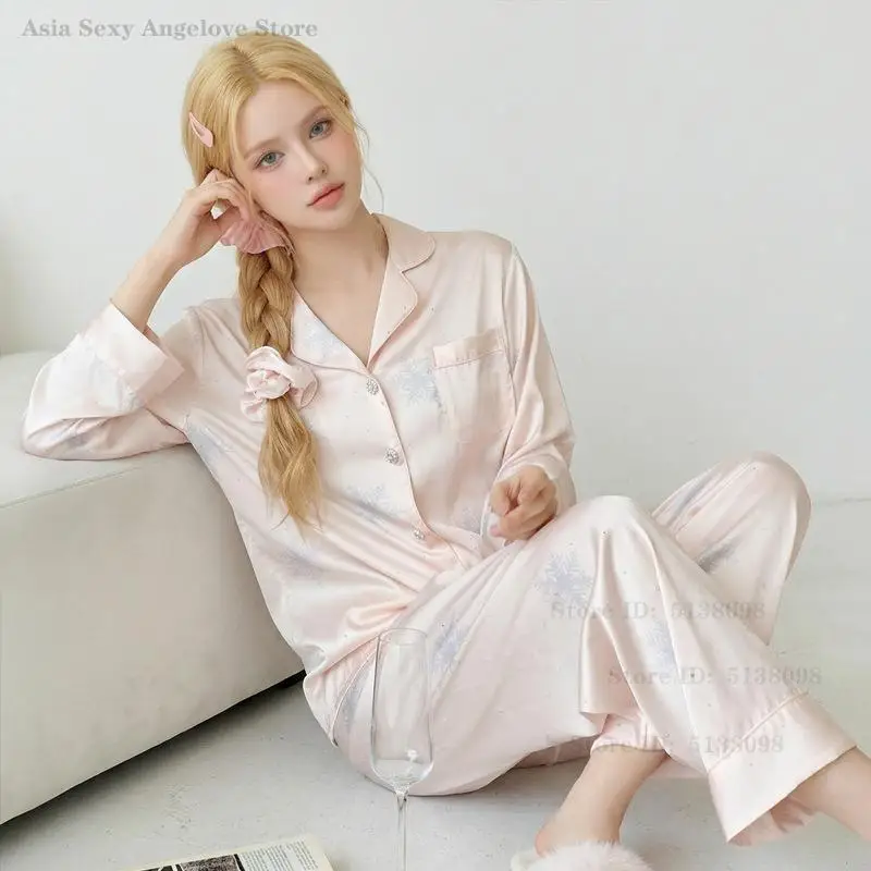 

Snowflake Sleepwear Women Satin Pajama Sets Long Sleeve Top&Trouser Homewear Nightwear Fashion Luxury Elegant Loungewear Pyjamas