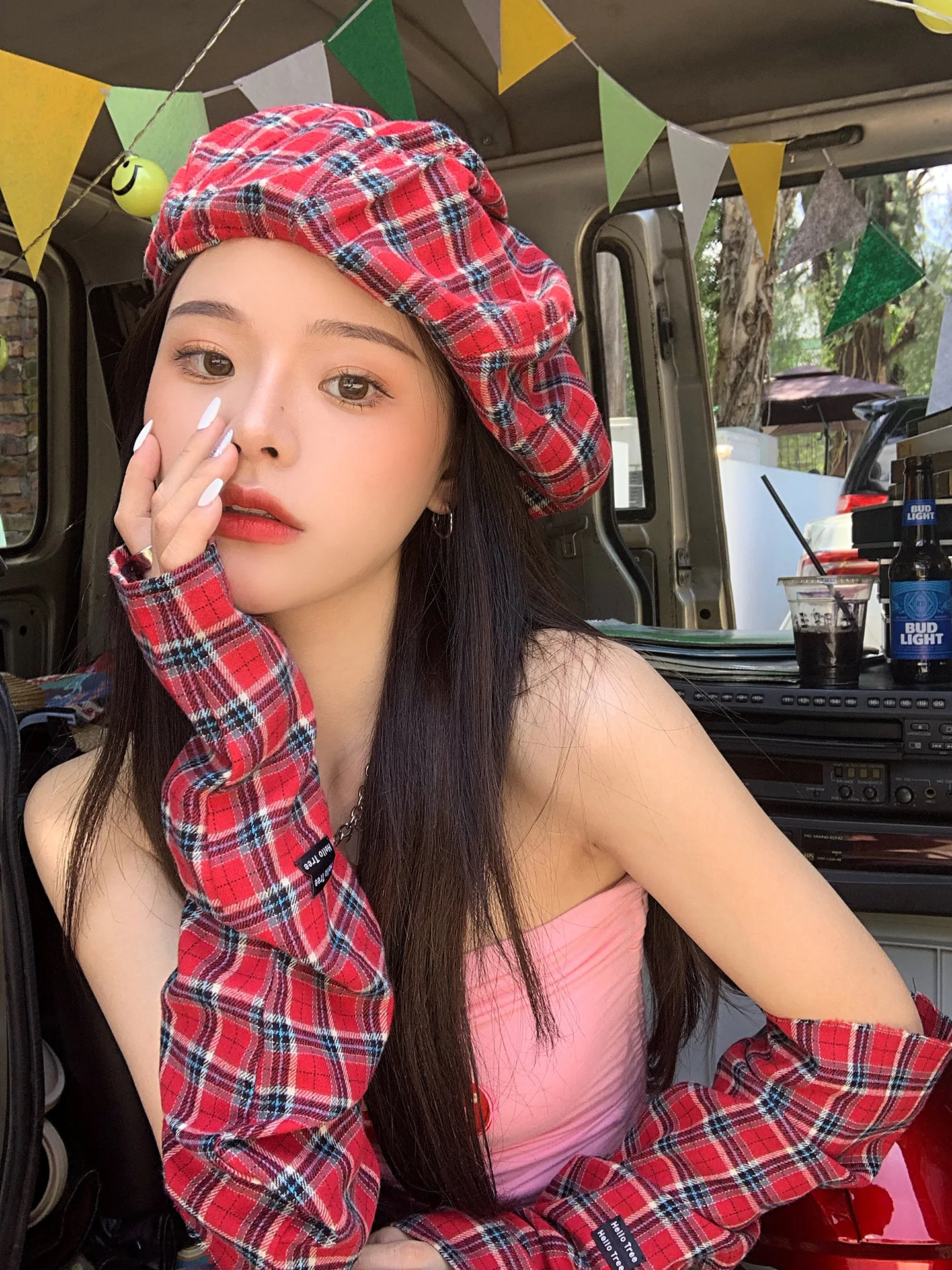 Korean New Style Red Plaid Beret Female Spring and Autumn Niche Cloud Hat Ins Jellyfish Hat Summer