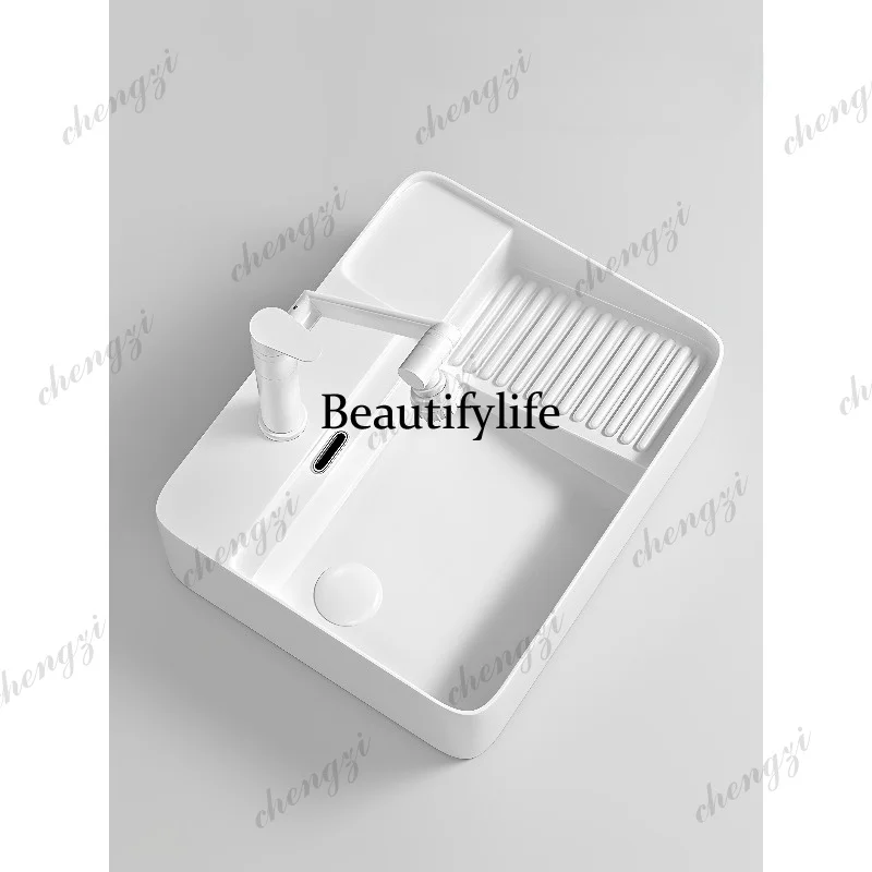 Balcony basin, washing machine, side launching on the stage balcony laundry basin with washboard ceramic hand wash, laundry pool